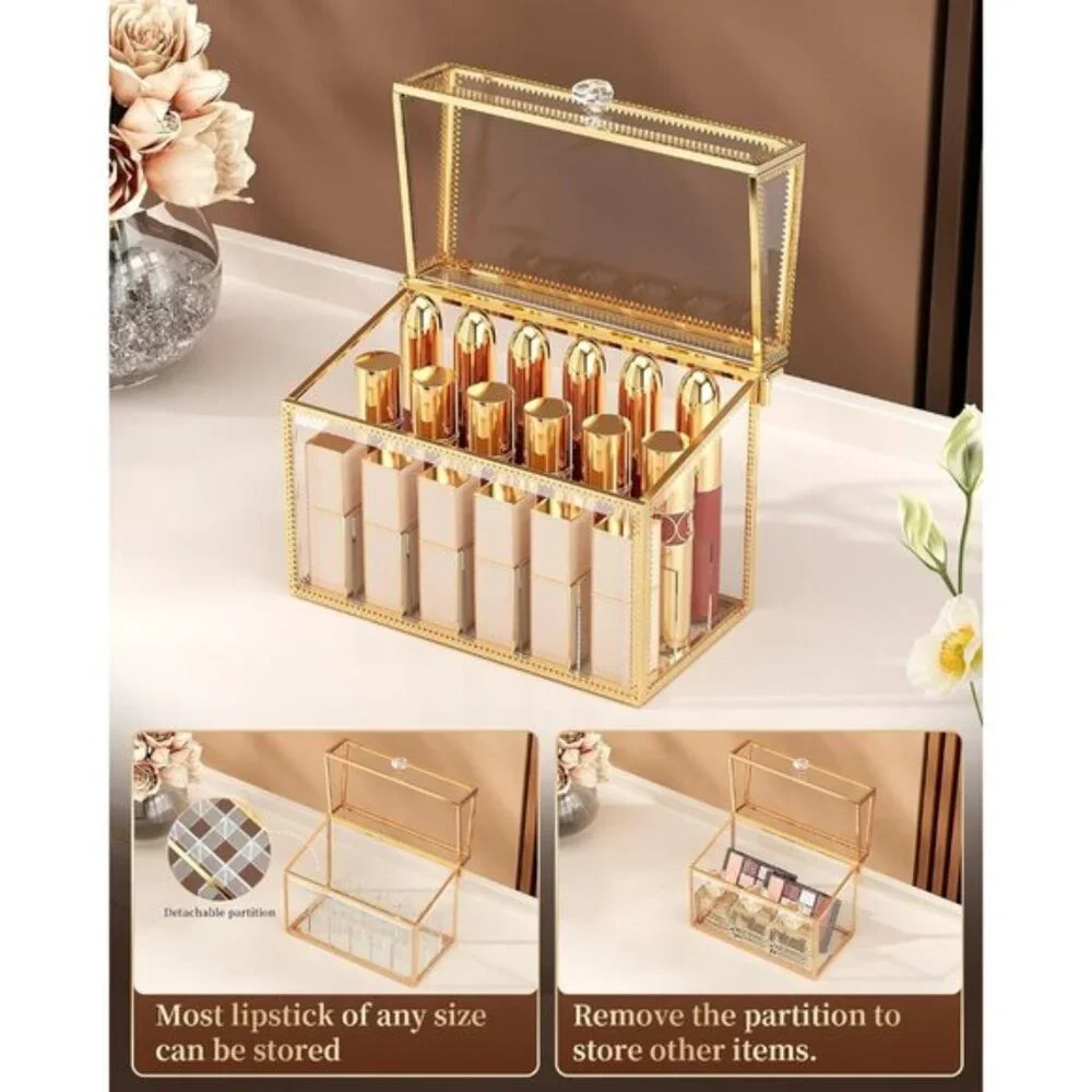 New Luxury Glass Lipstick Organizer, 18-Slot Gold Vanity Holder for Nail Polish